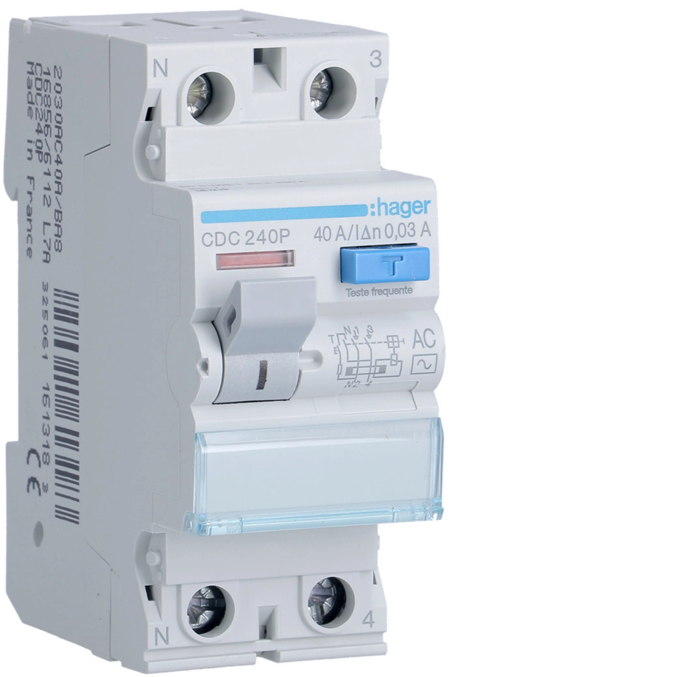 Interrupteur différentiel bipolaire 40 A 30 mA de type AC HAGER CDC240P