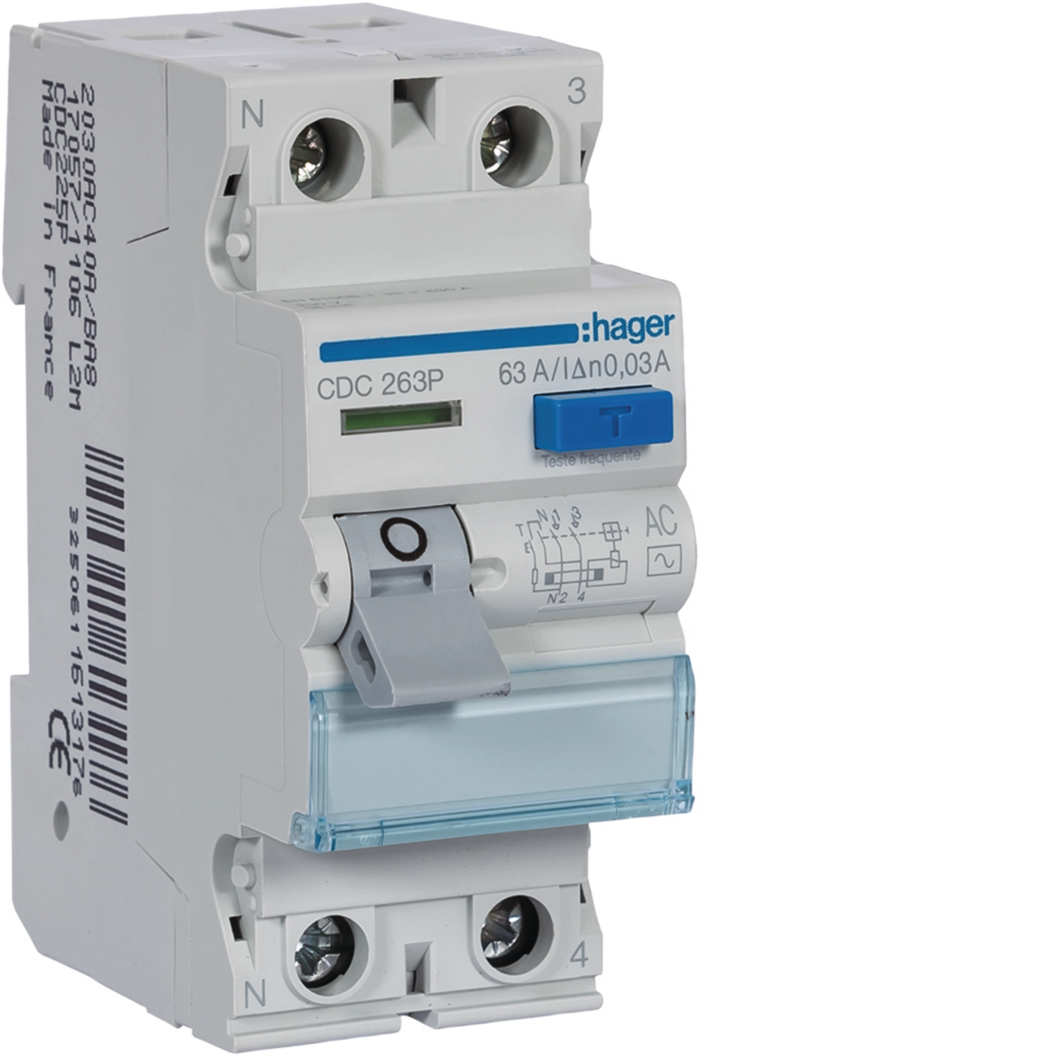 Interrupteur différentiel bipolaire 63 A 30 mA CA, module de type 2 HAGER CDC263P