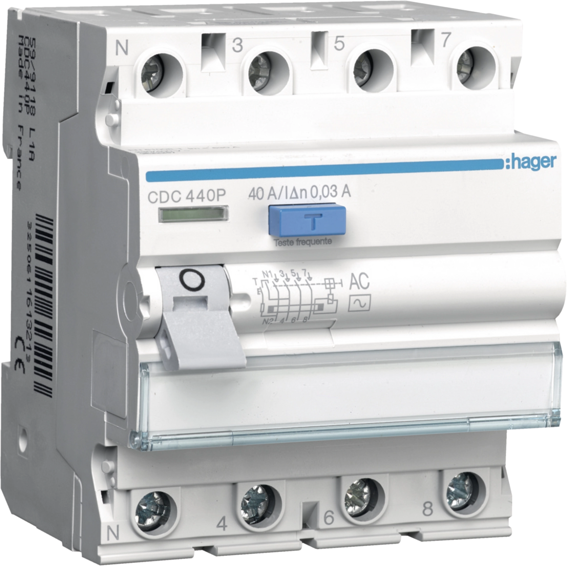 Interrupteur différentiel 4 pôles 40 A 30 mA de type AC 4 modules HAGER CDC440P 