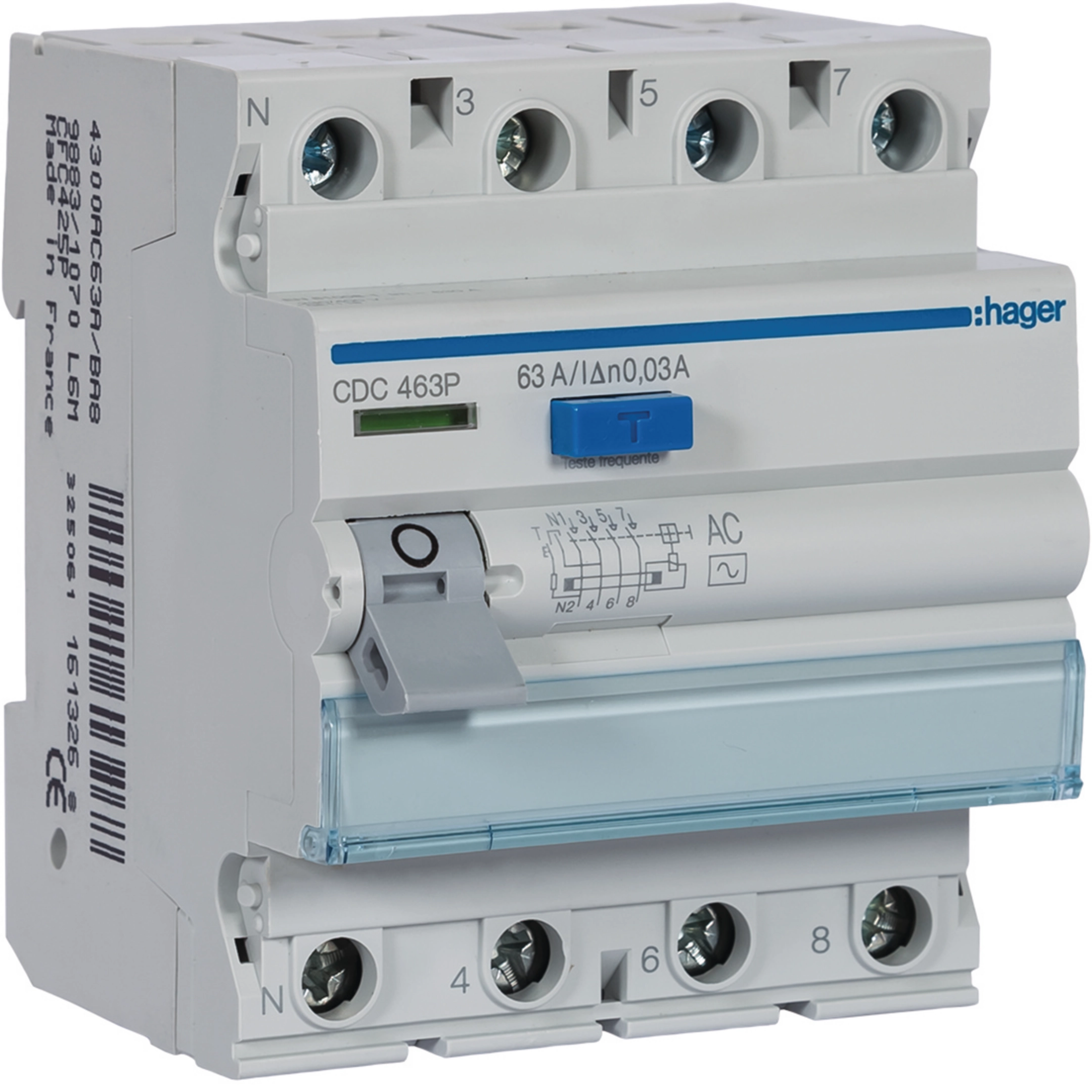 Interrupteur différentiel à 4 pôles 63 A 30 mA CA, type 4, modules HAGER CDC463P