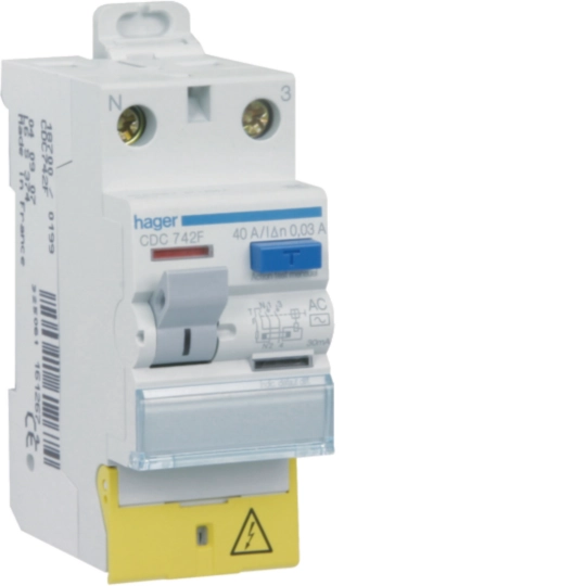 Interrupteur différentiel 2 poles 63 A 30 mA Type A à Borne décalée HAGER CDC742F
