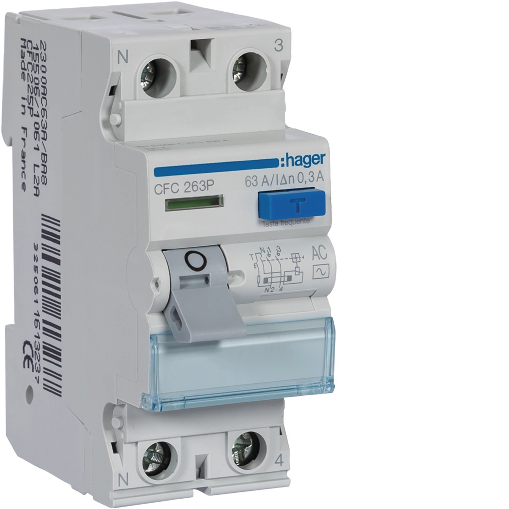 Interrupteur différentiel bipolaire 63 A 300 mA CA, module de type 2 HAGER CFC263P