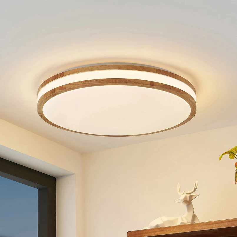 Lindby Plafonnier LED Emiva, 50cm, CCT, télécommande, bois