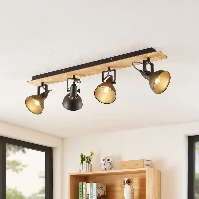 Lindby Aylis plafonnier, 4 lampes, 82cm, noir, bois, E14