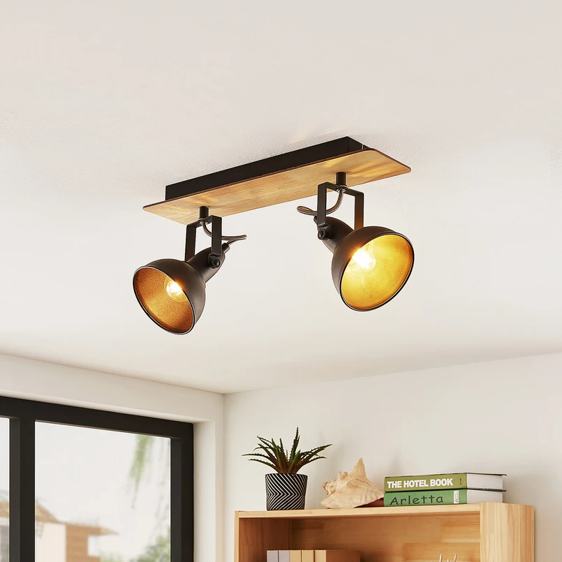 Lindby plafonnier Aylis, 2 lampes, 40cm, noir, bois, E14