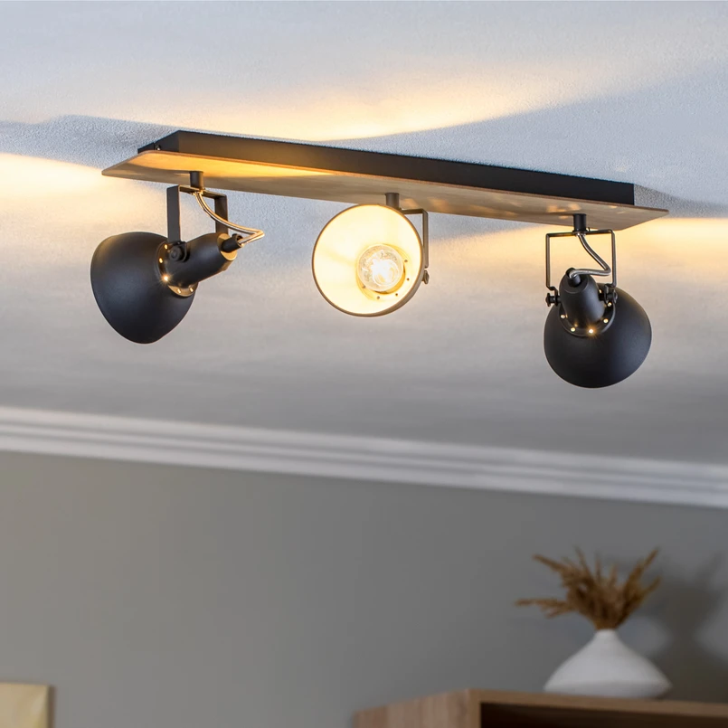 Lindby plafonnier Aylis, 3 lampes, 60cm, noir, bois, E14