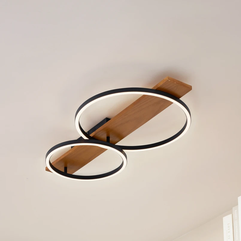 Lindby Plafonnier LED Galad, noir, bois, 2 lampes, 75cm