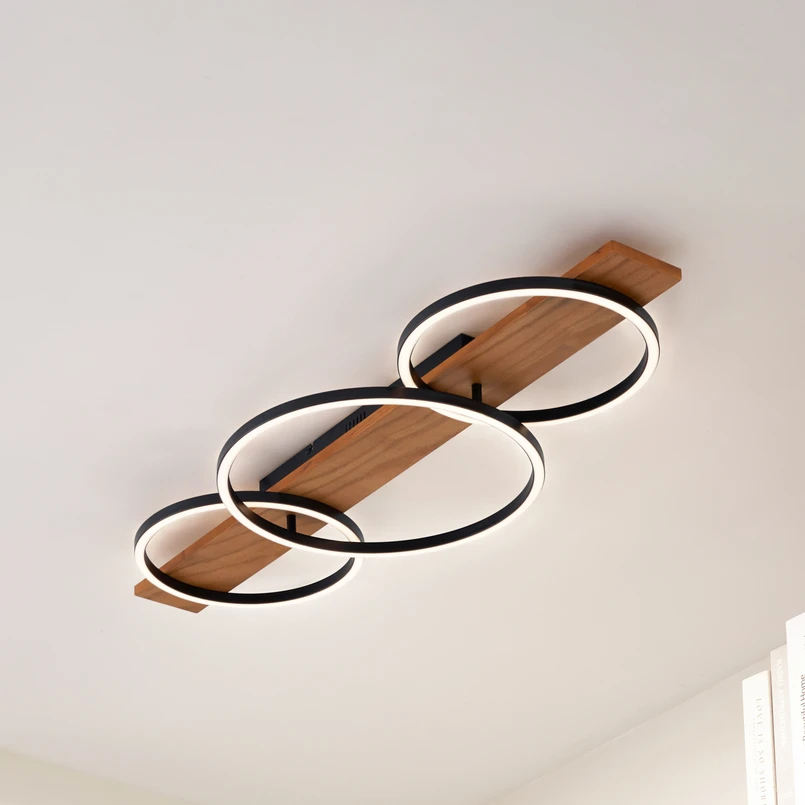 Lindby Plafonnier LED Galad, noir, bois, 3 lampes, 98cm