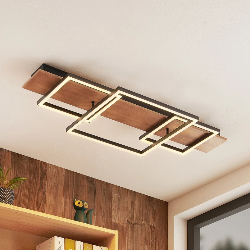 Lucande Plafonnier LED Chariska, 95cm, noir, bois, CCT