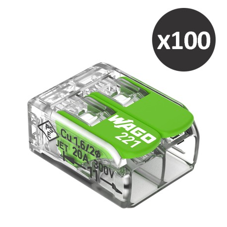 Wago - 100 Bornes 221 Green 2x4mm² à leviers souples & rigides