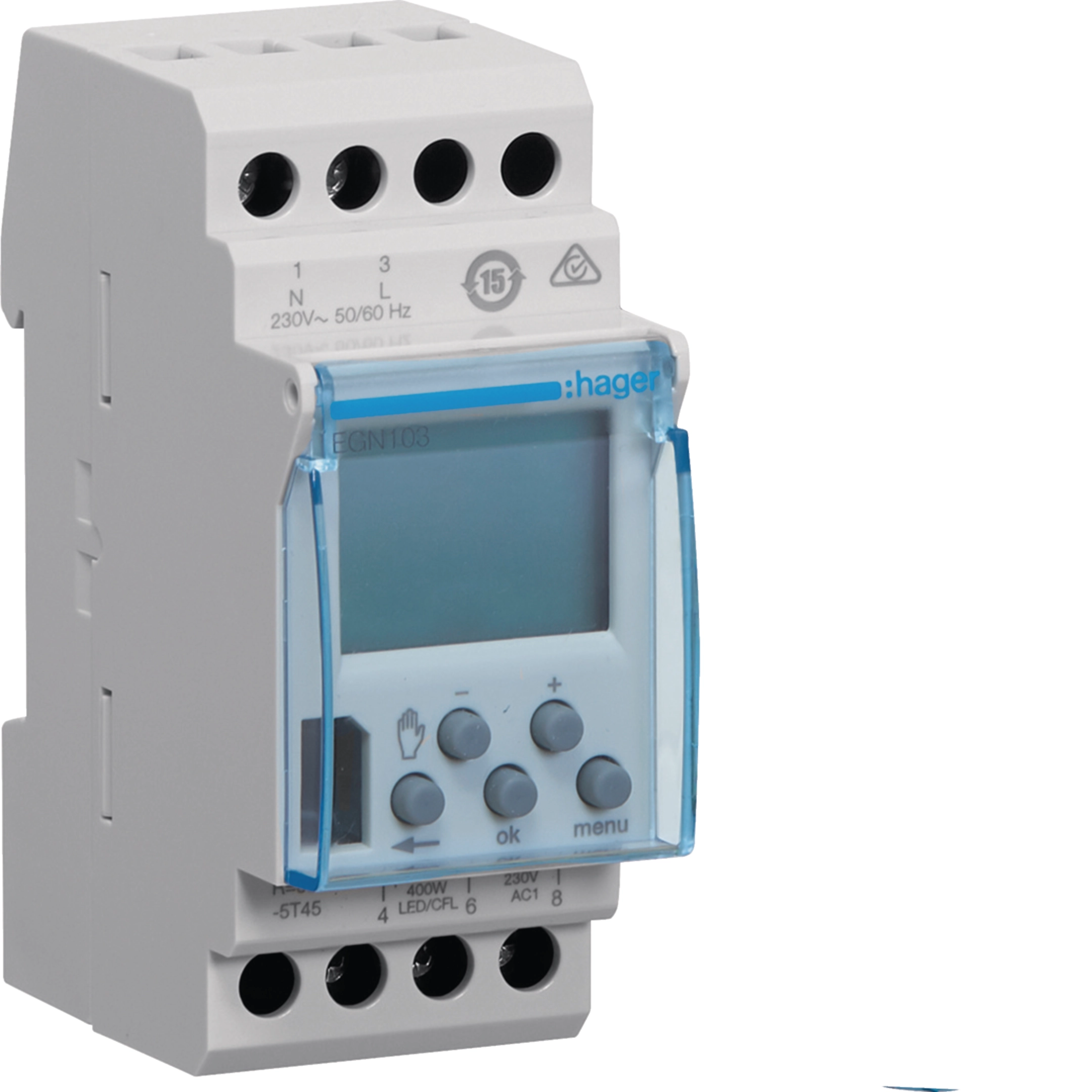 HAGER Interrupteur horaire 16A monophasé digital 1 voie hebdomadaire 2 modules - EGN103