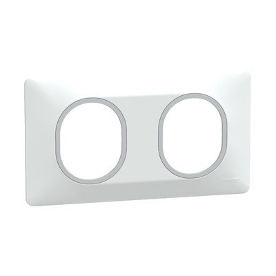 Schneider - Ovalis - Plaque de finition - 2 postes Horiz - 71mm - Blanc bague Argent Chromé