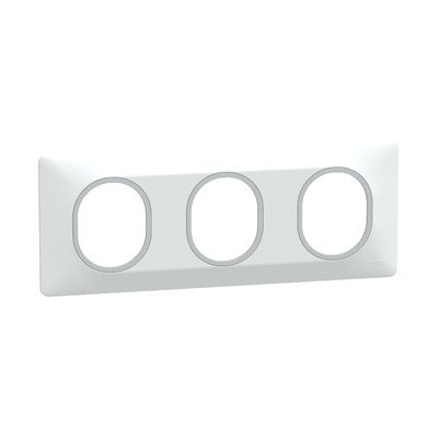 Schneider - Ovalis - Plaque de finition - 3 postes Horizontal - 71mm - Blanc bague Argent Chromé