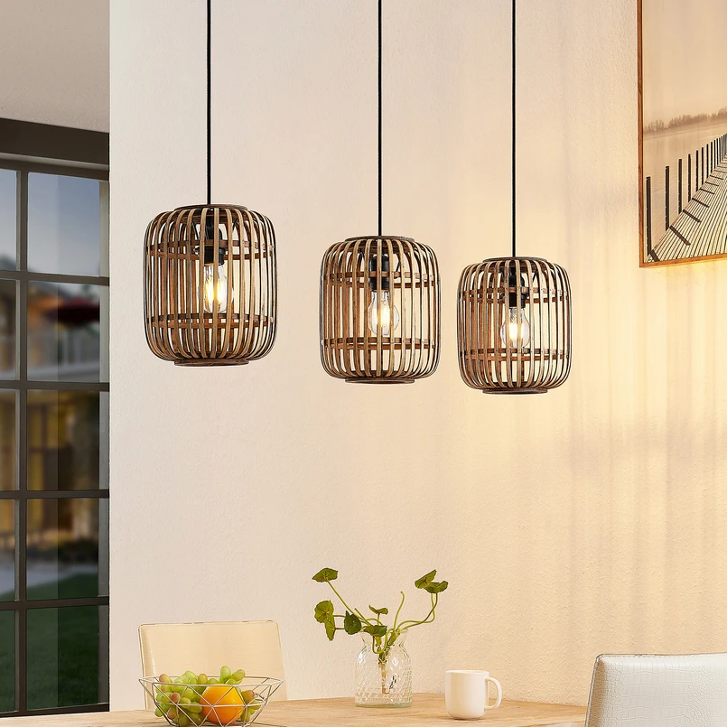 Lindby suspension Canyana, naturel, 3 lampes, rotin, 105 cm