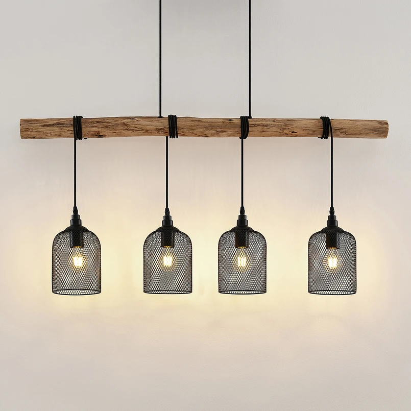 Lindby suspension Elrond, 116 cm, noir, à 4 lampes, bois