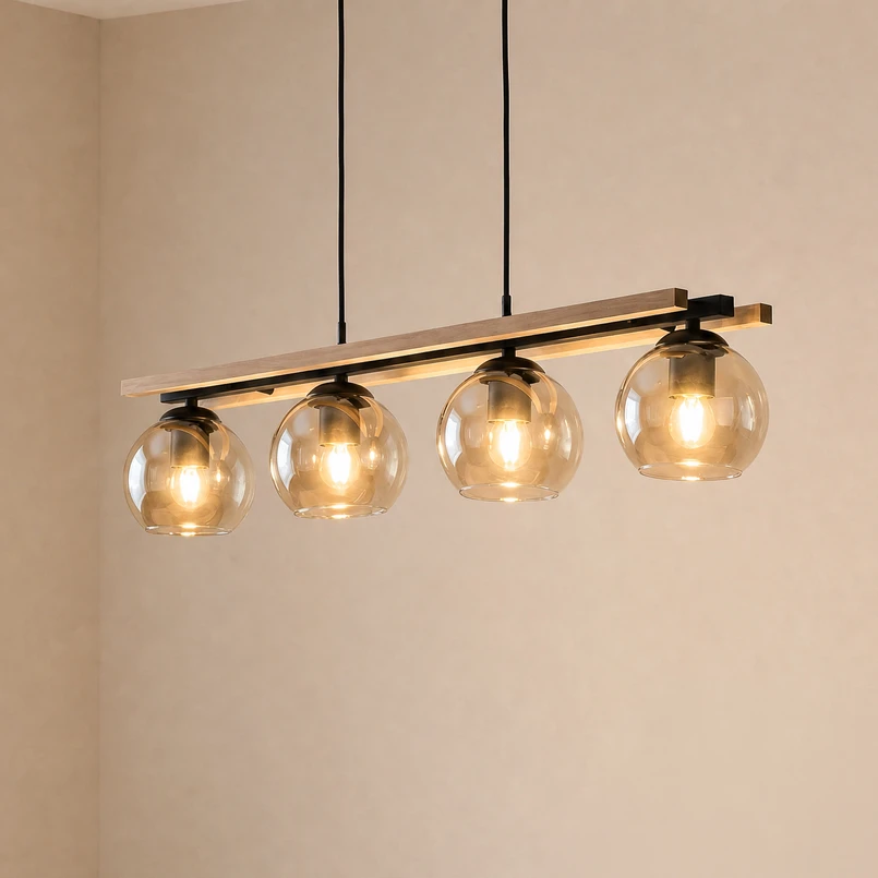 Lindby suspension Enrique, amber, 4 lampes, verre, bois, E27