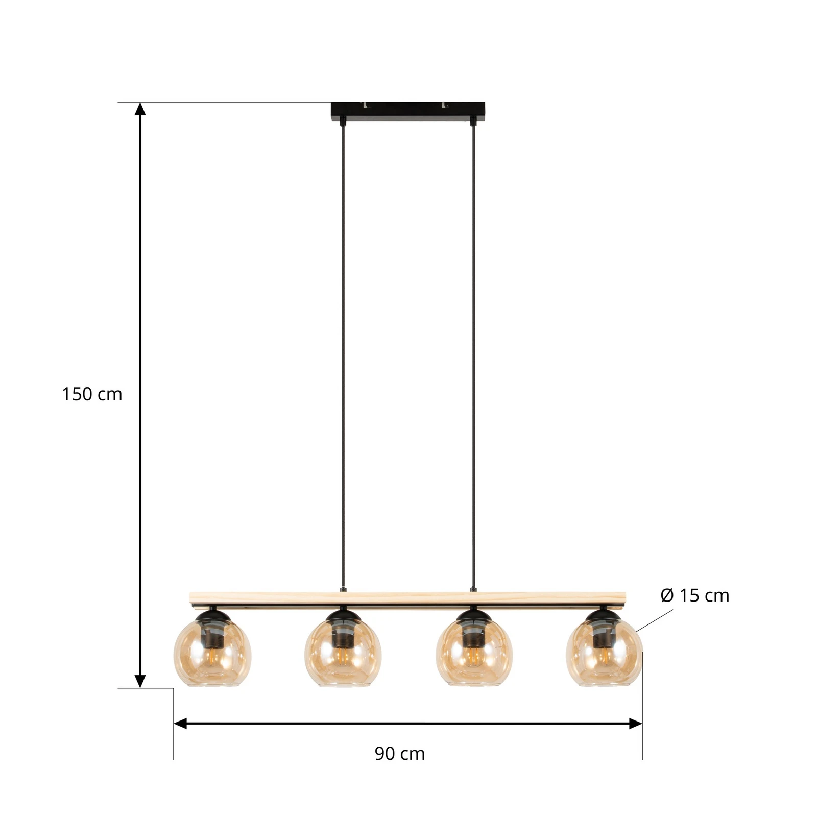 Lindby suspension Enrique, amber, 4 lampes, verre, bois, E27 2