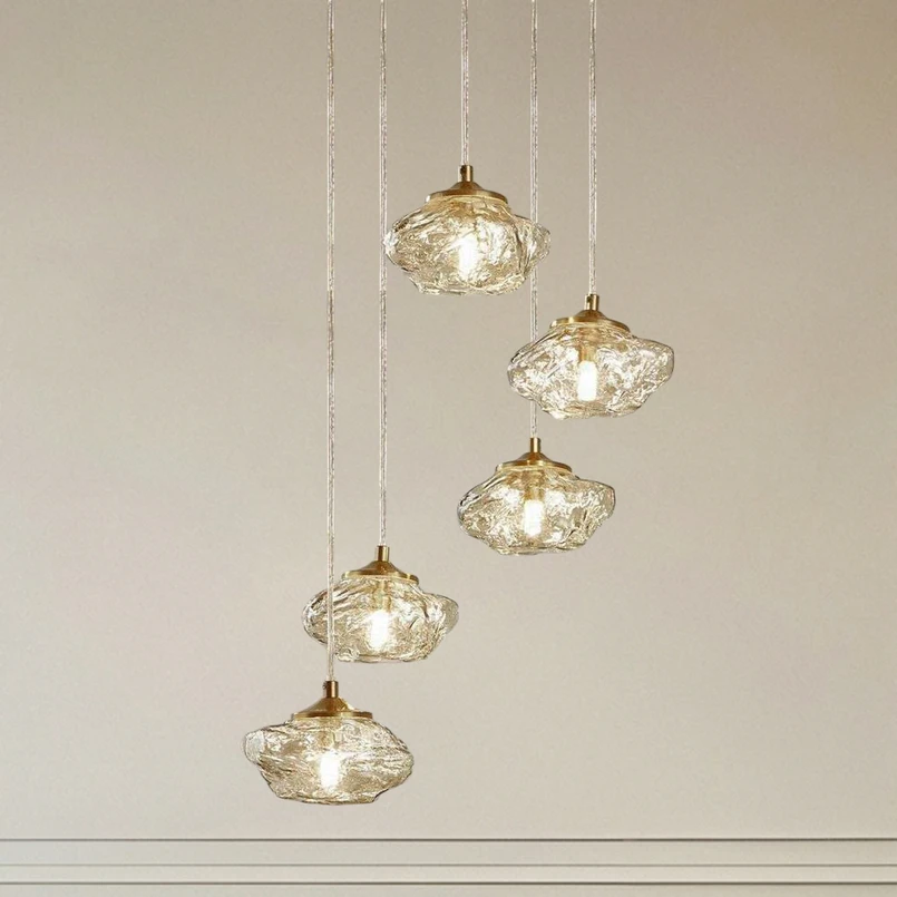 Lindby Suspension Piatra, Ø45cm, 5 lampes, cognac/laiton, verre