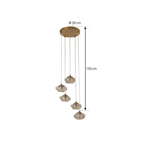 Lindby Suspension Piatra, Ø45cm, 5 lampes, cognac/laiton, verre 2