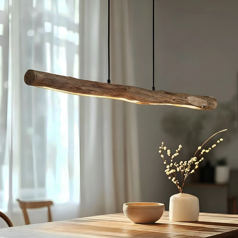 Suspension LED Lindby Nekala, noire, en bois, longueur 120 cm