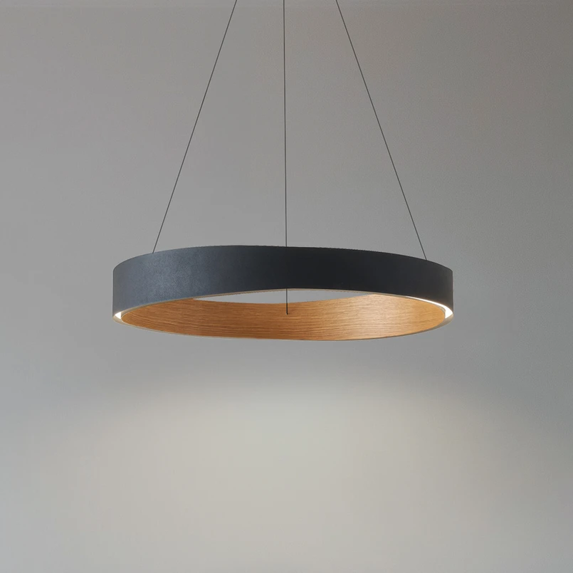 Suspension LED Lucande Daelor, noir/bois, CCT, à intensité variable