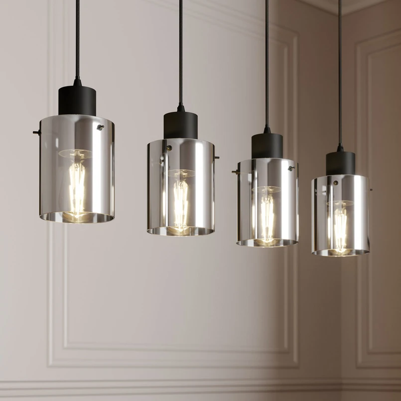 Suspension Lindby Kourtney, à 4 lampes, noir/gris, verre, E27