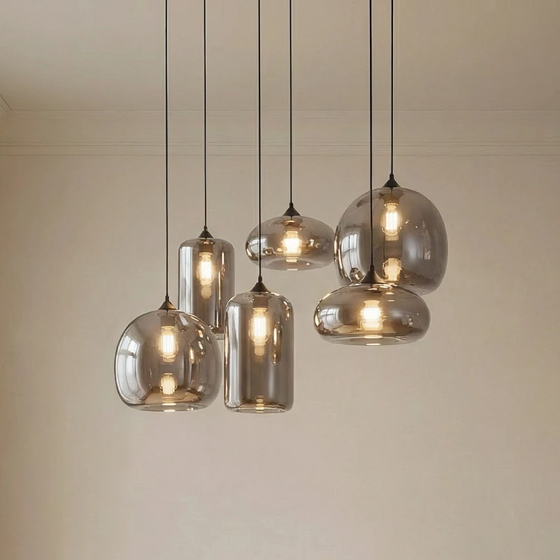 Suspension Lindby Marla, à 6 lampes, verre, gris fumé