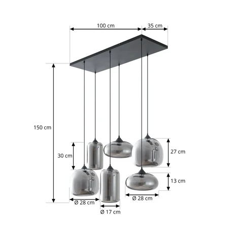 Suspension Lindby Marla, à 6 lampes, verre, gris fumé 2