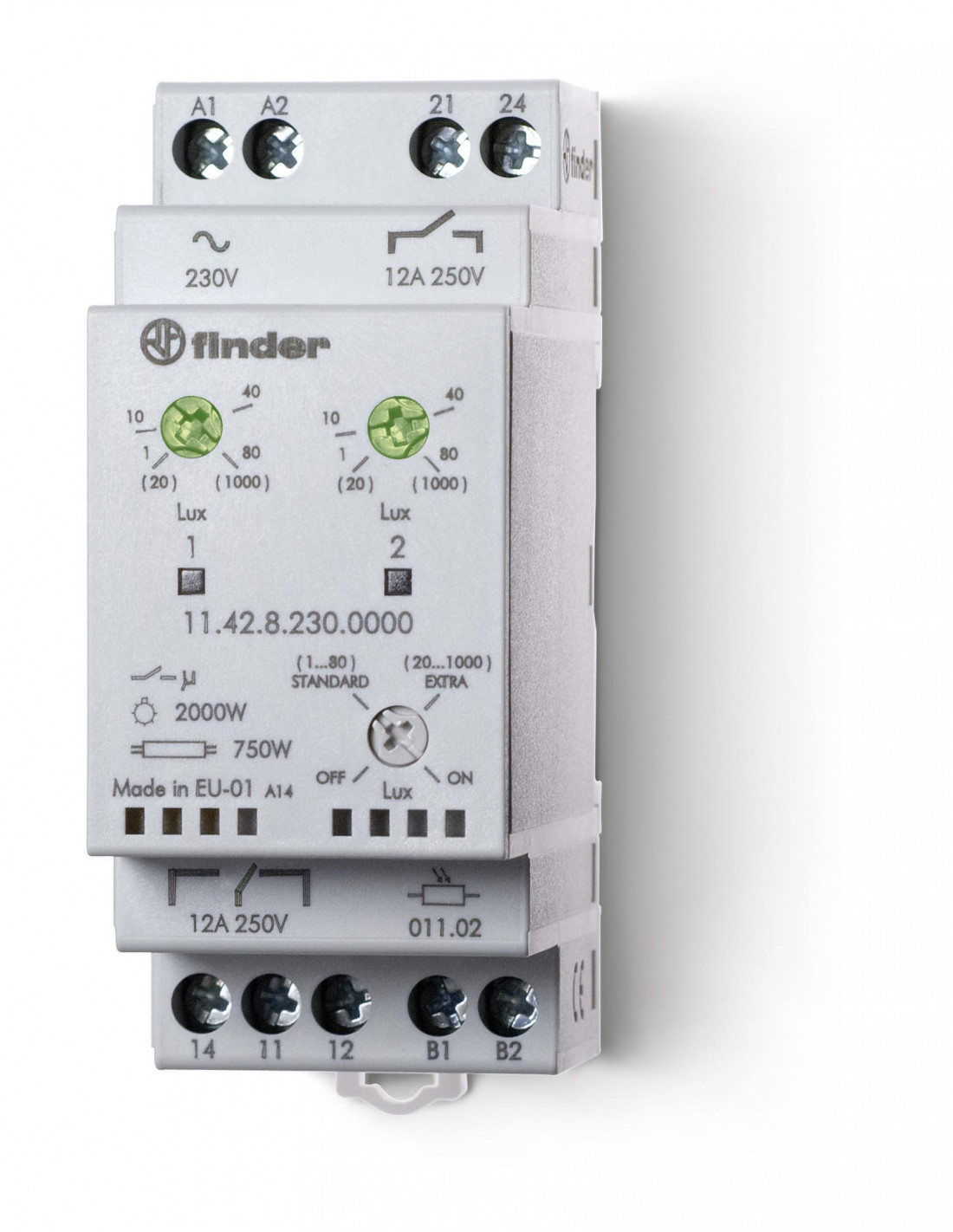 Crépusculaire 1 inverseur + 1NO 12A 230V AC 2 sorties indépendantes FINDER 114282300000PAS