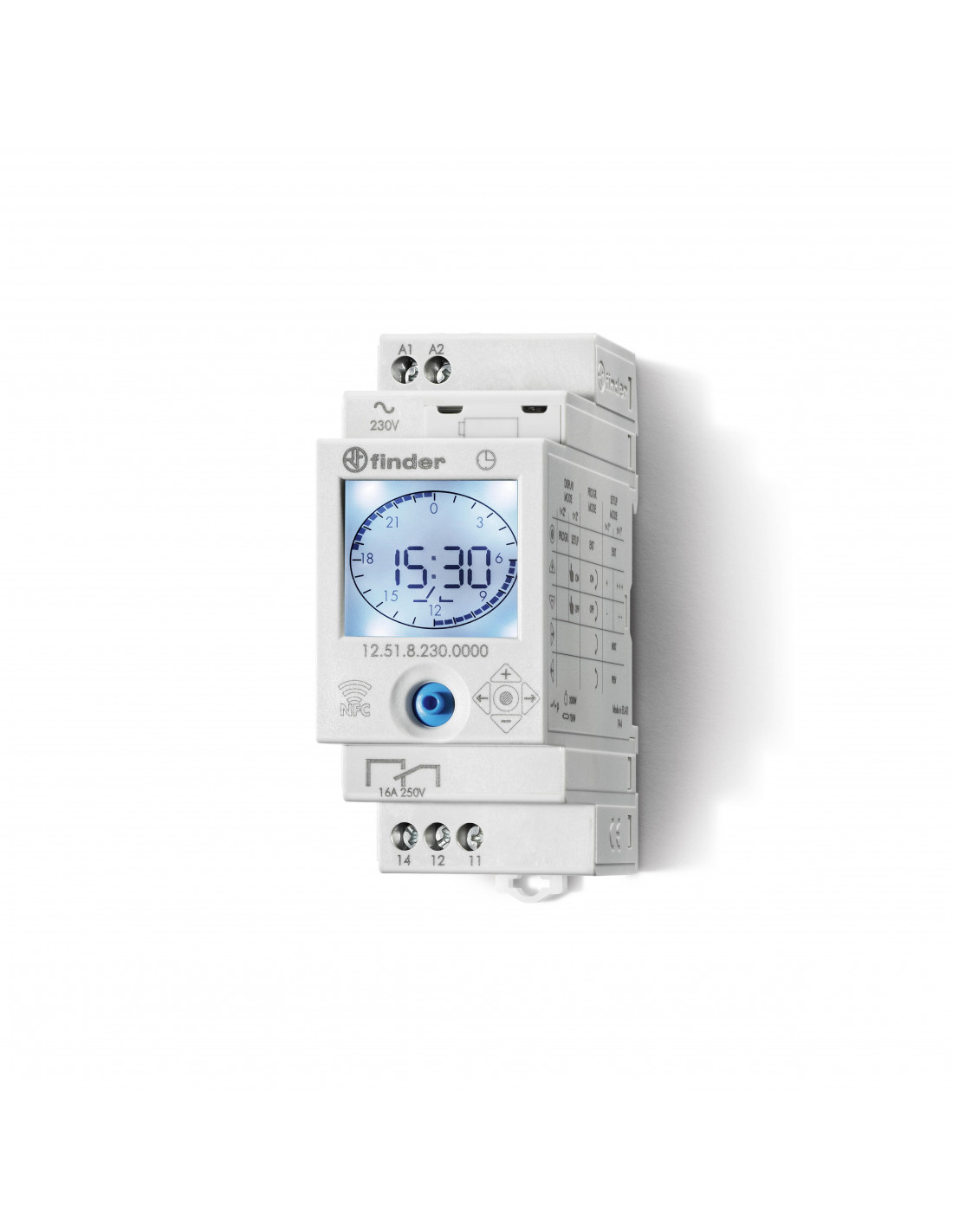 Horloge hebdomadaire digitale 1 inverseur 16A 110 à 230V AC DC NFC FINDER 125182300000PAS