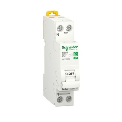 Disjoncteur modulaire Schneider Resi9 XP réf. R9PFC632, 1P+N, calibre None A, courbe 32, montage c, pouvoir de coupure indiqué Peignable kA.