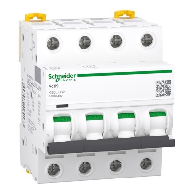 Schneider - Acti9 - iC60L - Disjoncteur - 4P - 32A - 15kA - courbe C - Réf : A9F94432
